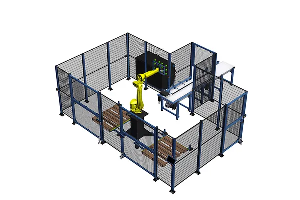 Turnkey Palletizer: Single Belt Infeed & Dual Outfeed with New Fanuc M-20iD (PZ-IR-305049 v13)