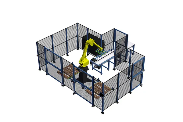 Turnkey Palletizer: Single Belt Infeed & Dual Outfeed with New Fanuc M-710iC (PZ-IR-305058 v3)