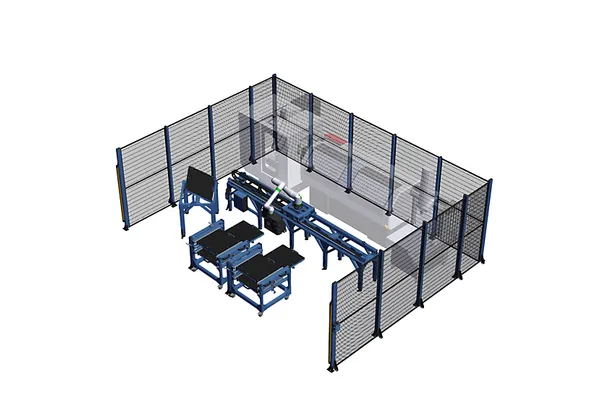Long 7th Axis Cobot Machine Tending Cell with Fanuc CRX10iA/L 2 Carts with Drawers and Safety Fencing
