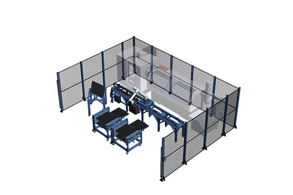 Long 7th Axis Cobot Machine Tending Cell with Fanuc CRX10iA/L 2 Carts with Drawers and Safety Fencing