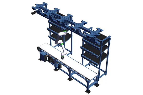 Overhead 7th Axis Cobot Cell with Fanuc CRX Cobot, Conveyor and Shelving Units (AS-PP-140573 v24)