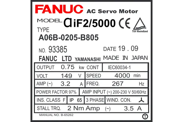 A06B-0205-B805 FANUC AC SERVO MOTOR MDL AiF2/5000 ST KEY 90v BRK a64ia