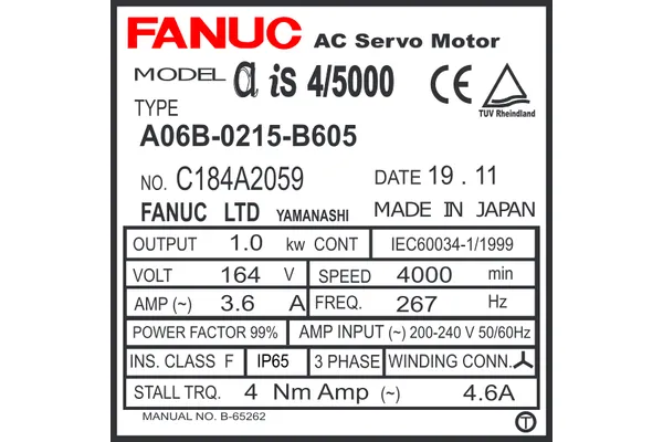 A06B-0215-B605 FANUC AC SERVO MOTOR MDL AIS4/5000 TPR 90v BRK a64ia