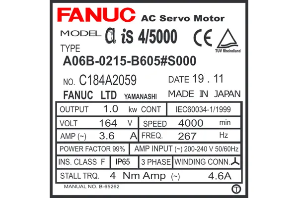 A06b-0215-B605#S000 FANUC AC SERVO MOTOR MDL AiS4/5000 TPR 90v BRK a64ia