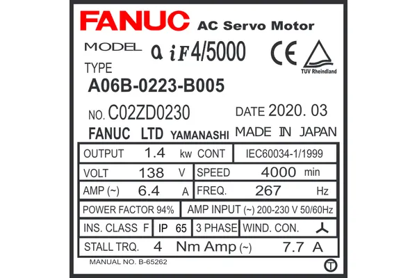 A06B-0223-B005 FANUC AC SERVO MOTOR MDL AiF4/5000 TPR a64ia